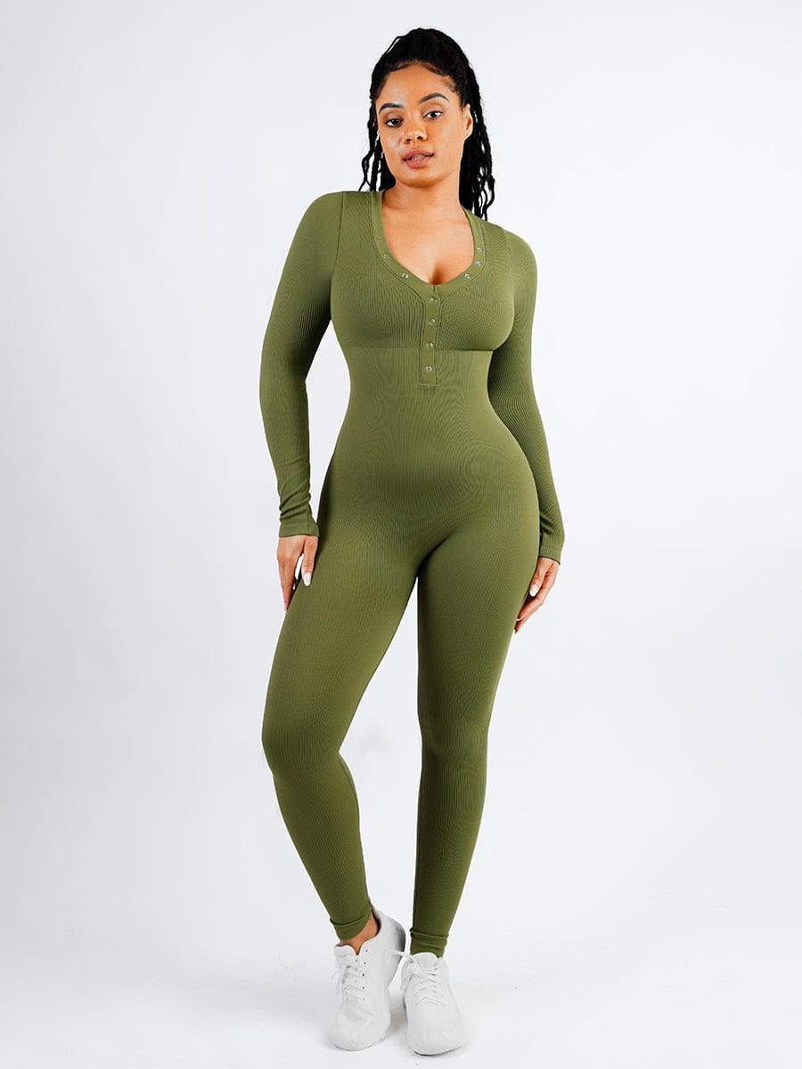Deep V Button Detail Catsuit