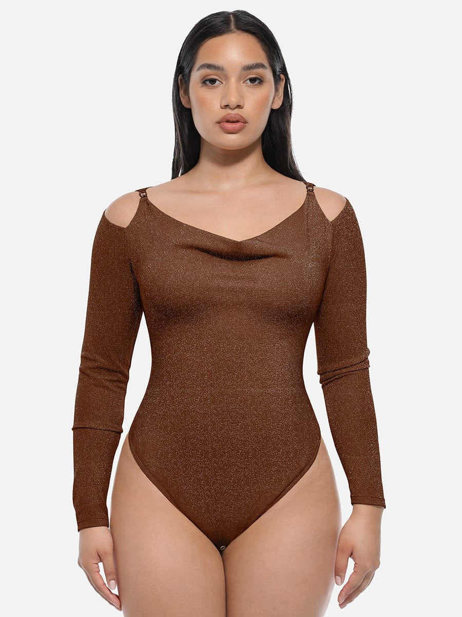 Shiny Draped Neck All-In-One Bodysuit
