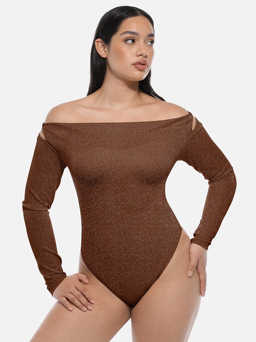 Shiny Draped Neck All-In-One Bodysuit