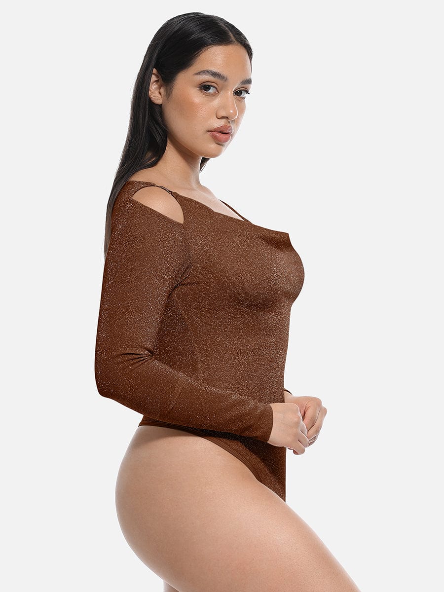 Shiny Draped Neck All-In-One Bodysuit