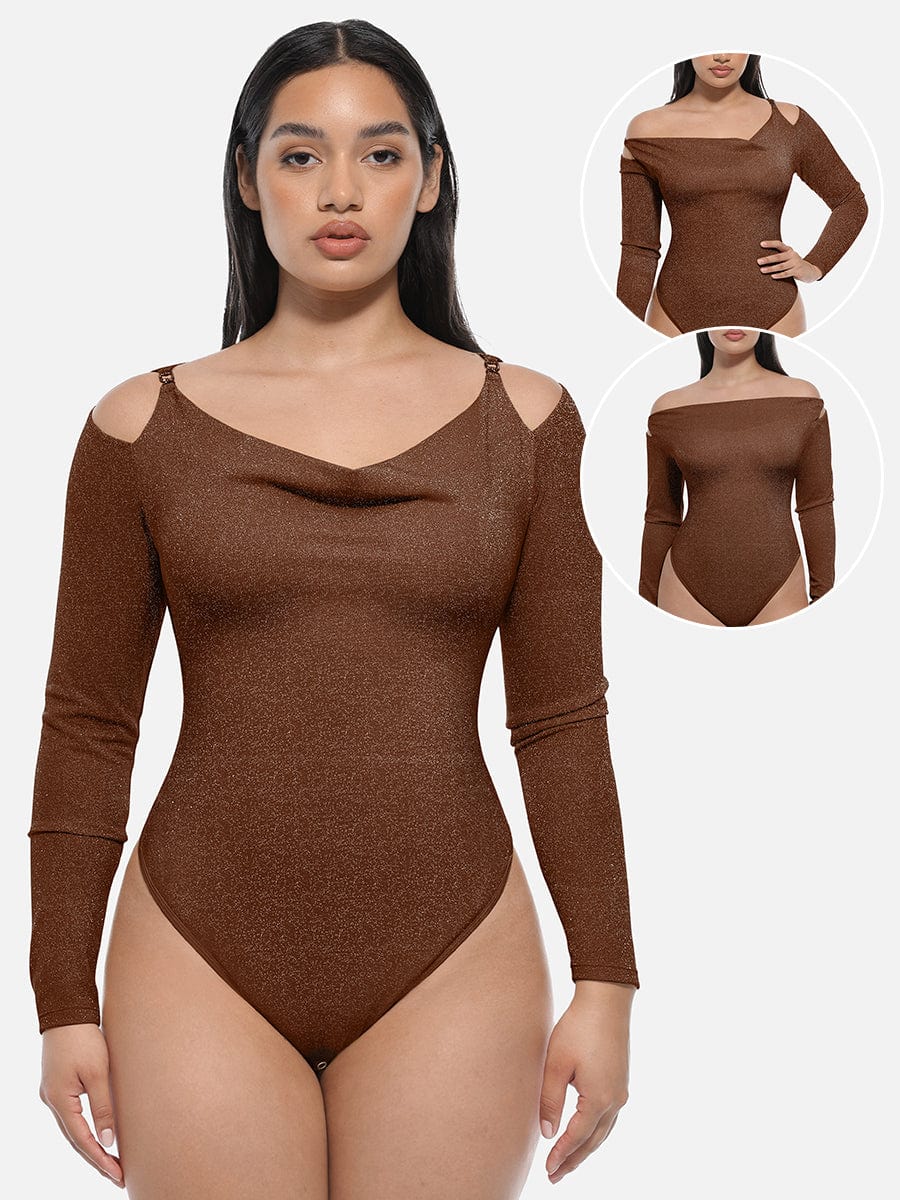 Shiny Draped Neck All-In-One Bodysuit