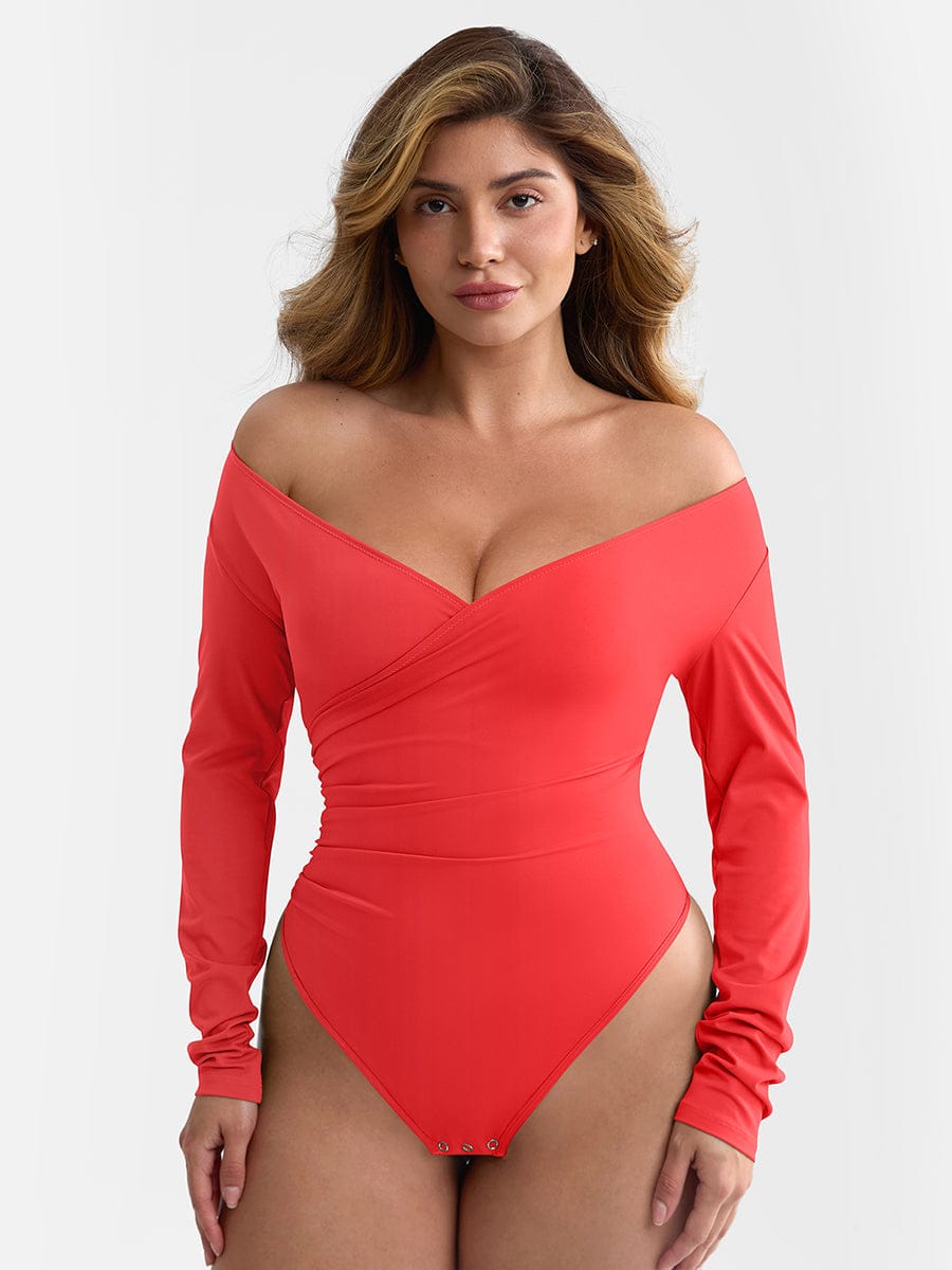 Overlapping V-Neck Wrap Bodysuit