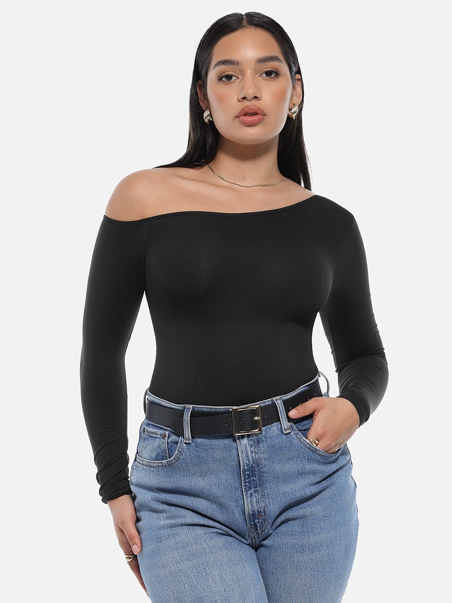Diagonal Neck Long-Sleeve Bodysuit