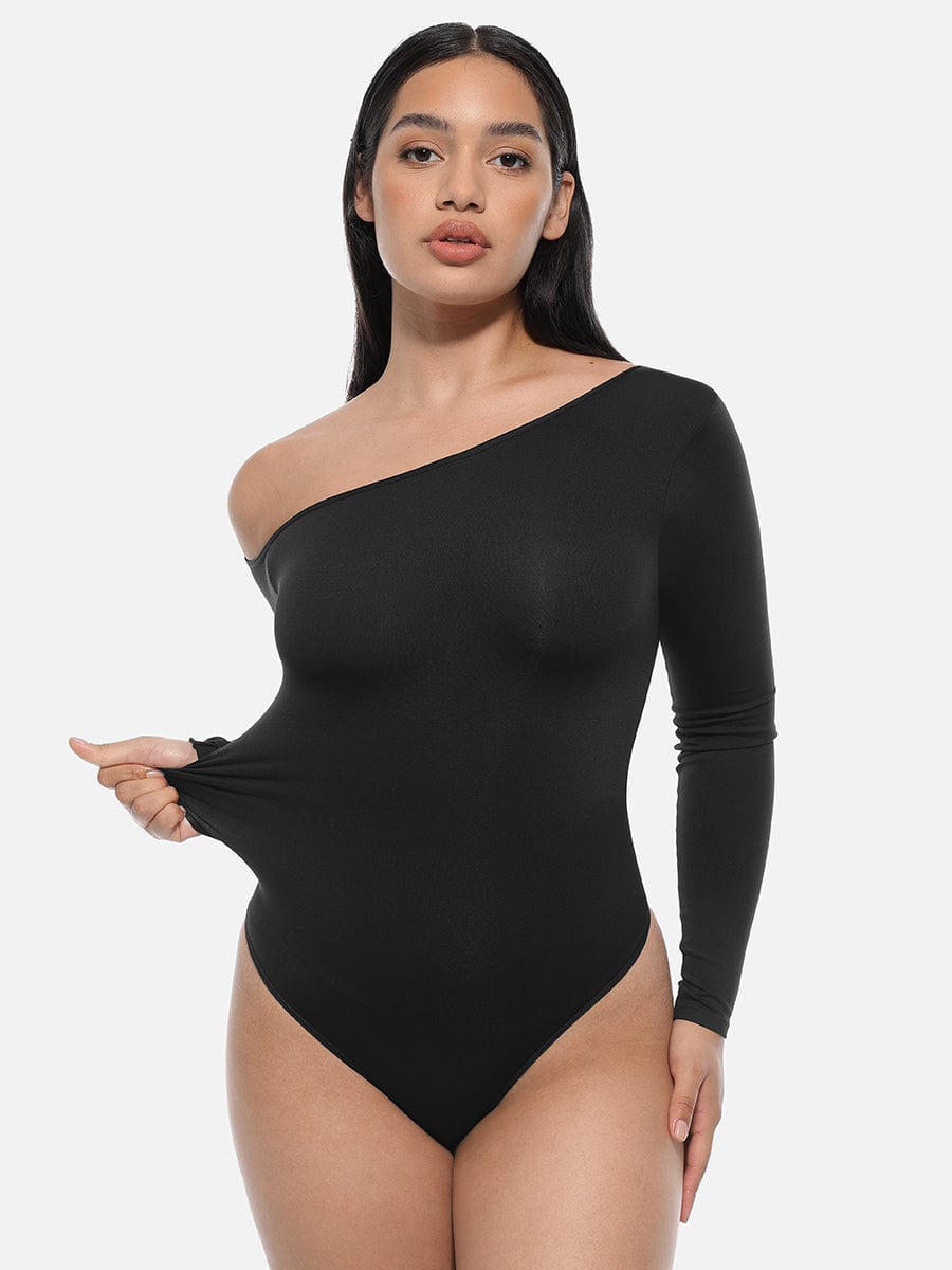 Diagonal Neck Long-Sleeve Bodysuit