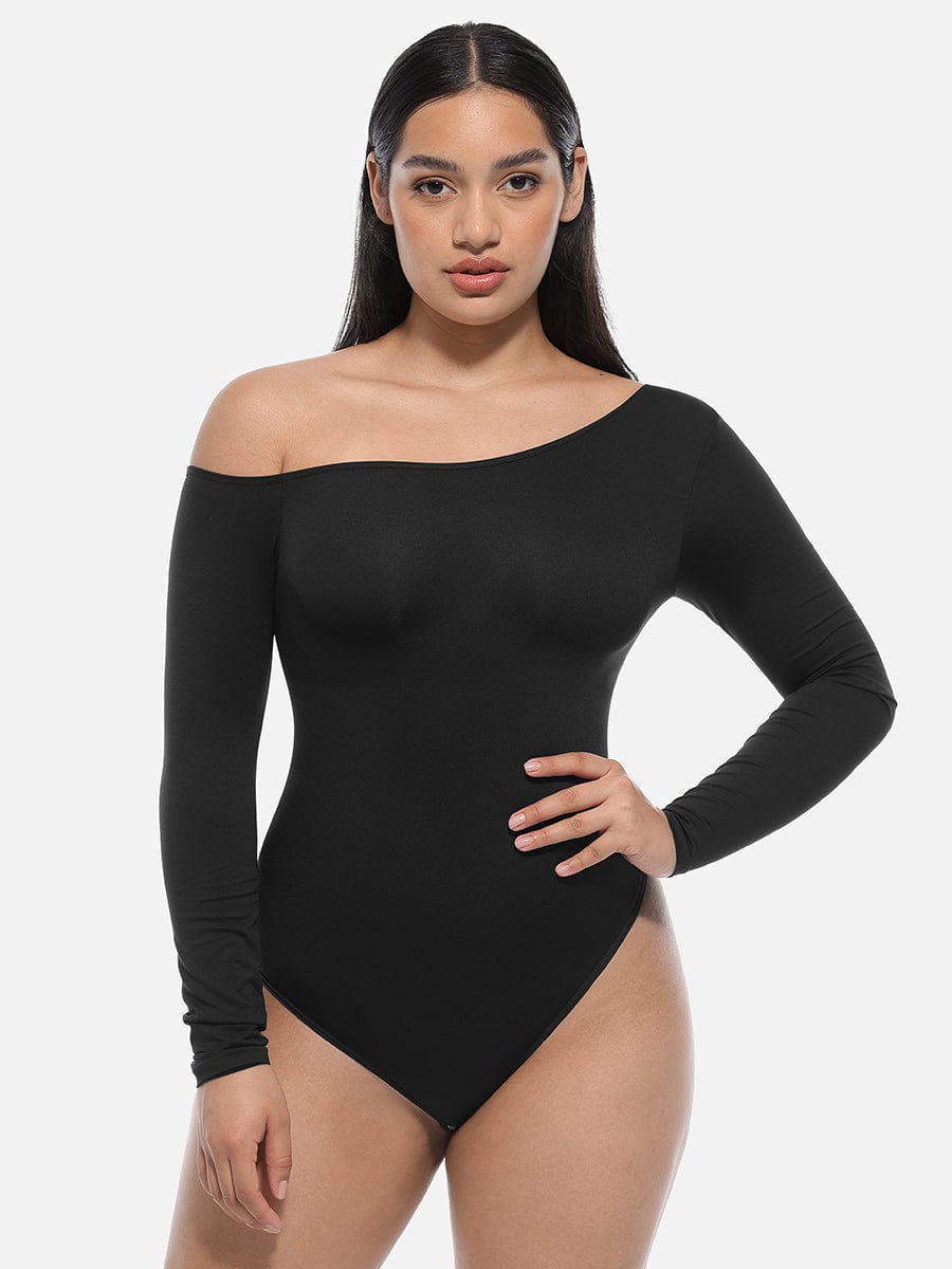 Diagonal Neck Long-Sleeve Bodysuit
