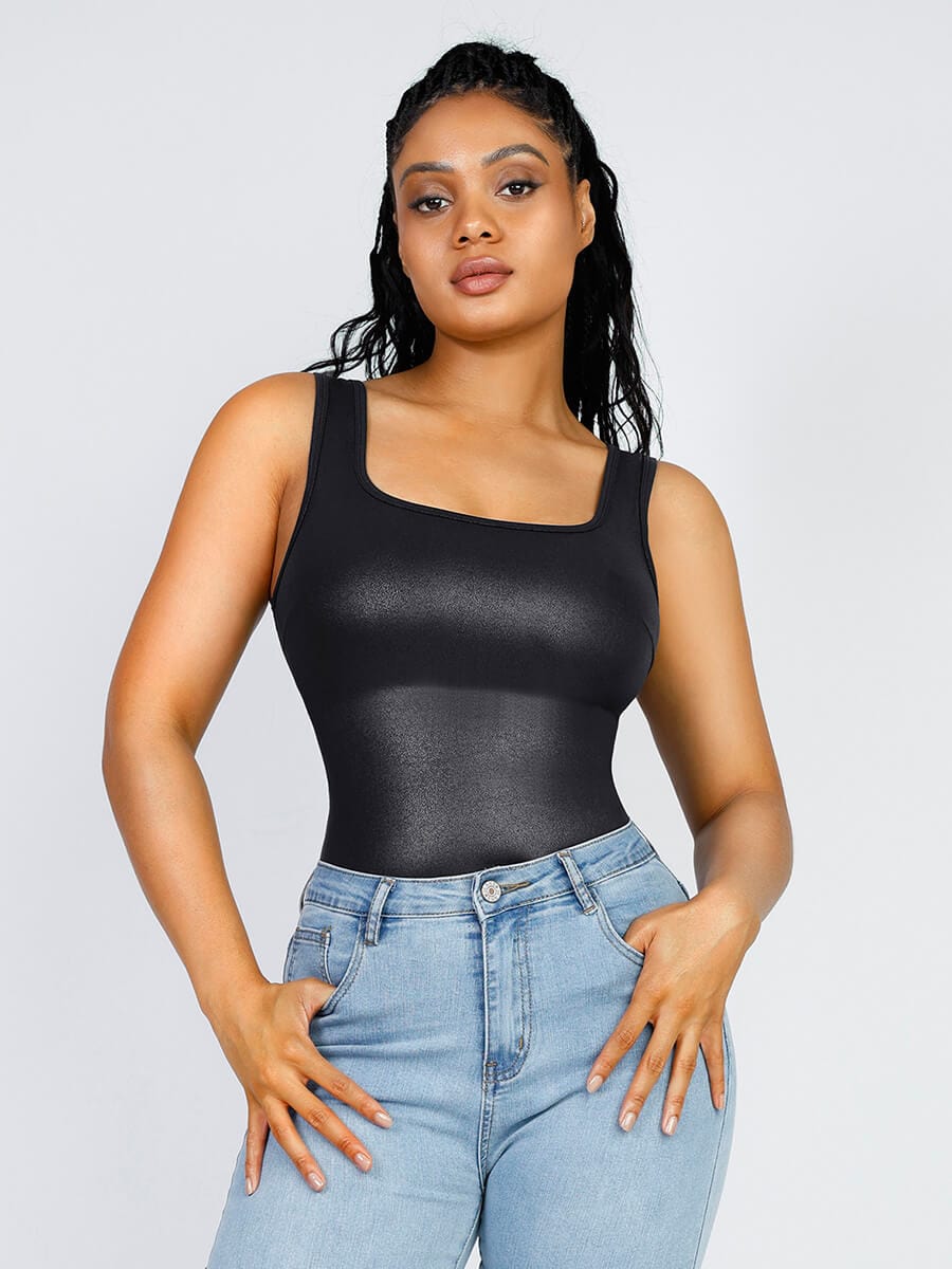 Faux Leather Square Neck Bodysuit