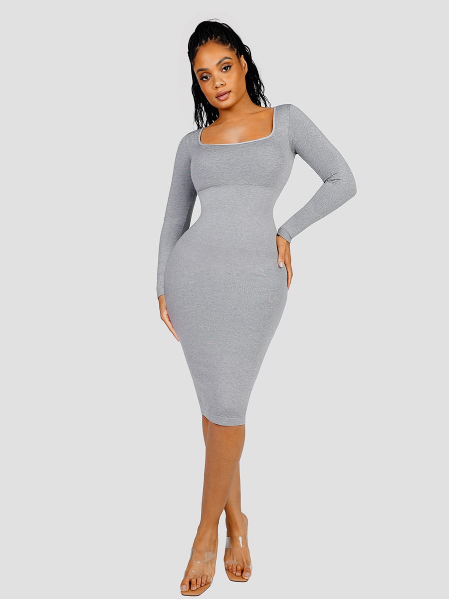 Square-Neck Long Sleeve Dress
