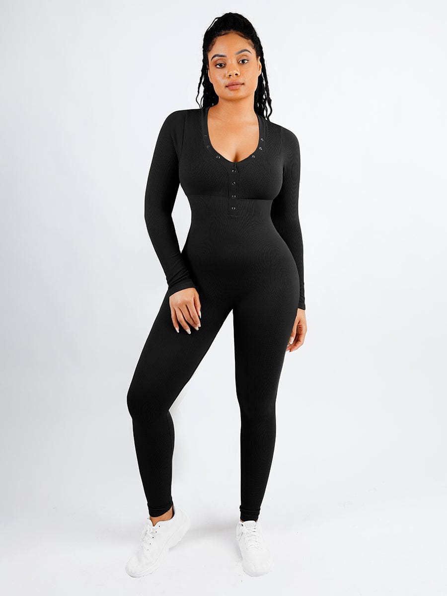 Deep V Button Detail Catsuit