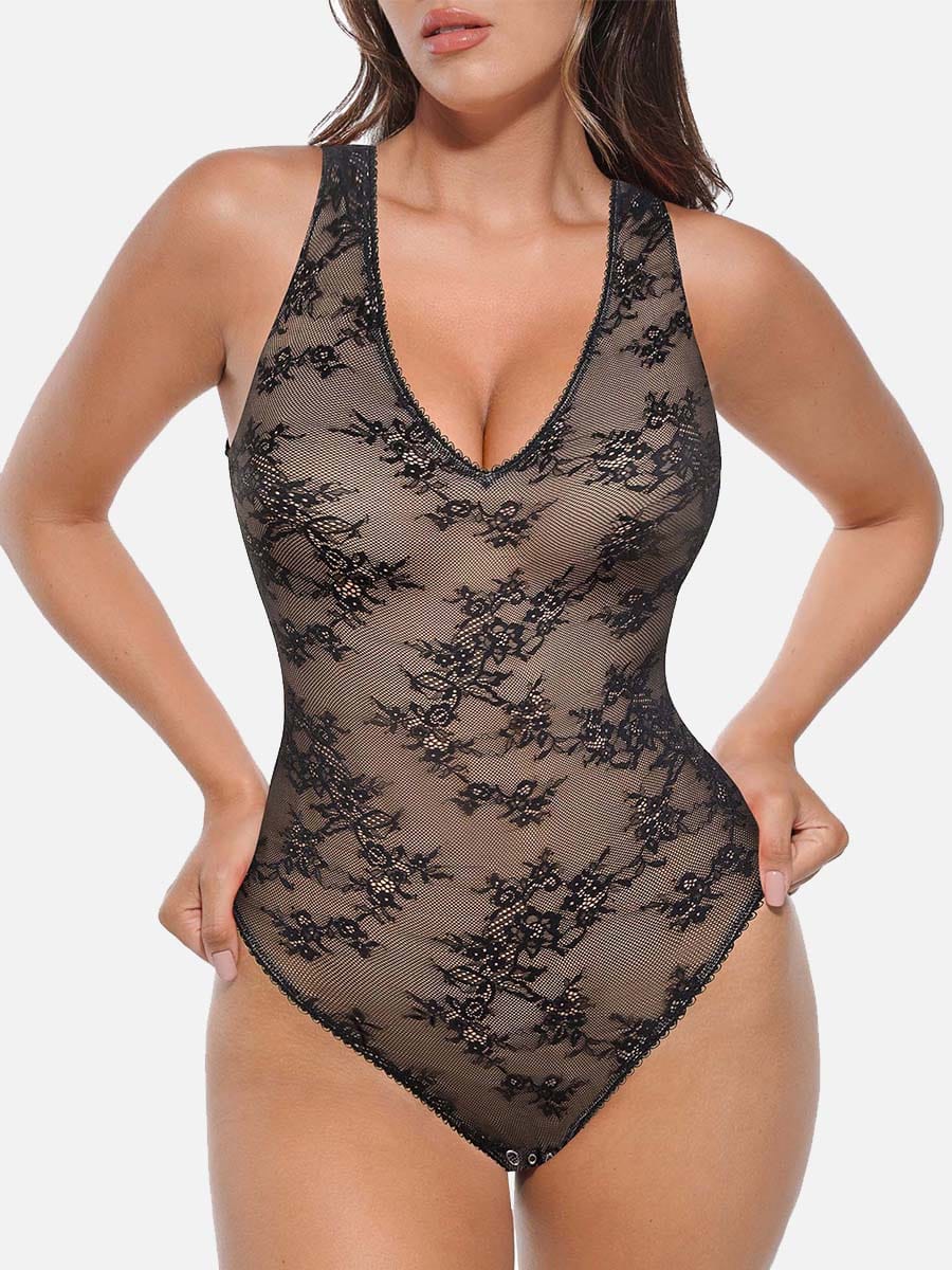 Deep V-Neck Lace Bodysuit