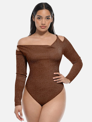 Shiny Draped Neck All-In-One Bodysuit