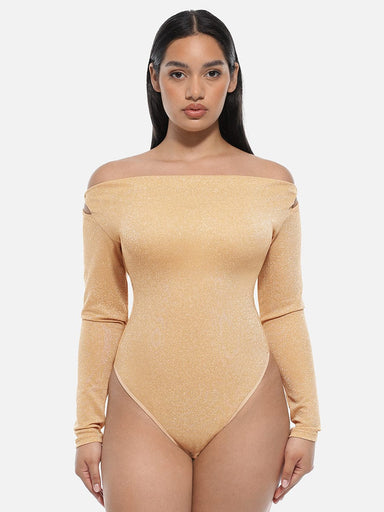 Shiny Draped Neck All-In-One Bodysuit