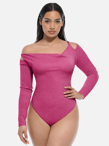 Shiny Draped Neck All-In-One Bodysuit