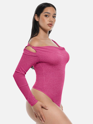 Shiny Draped Neck All-In-One Bodysuit