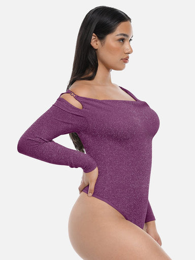 Shiny Draped Neck All-In-One Bodysuit