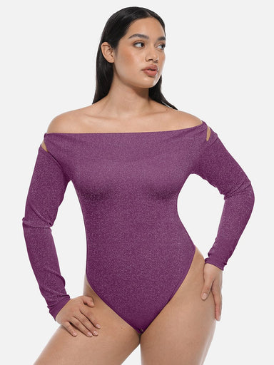 Shiny Draped Neck All-In-One Bodysuit