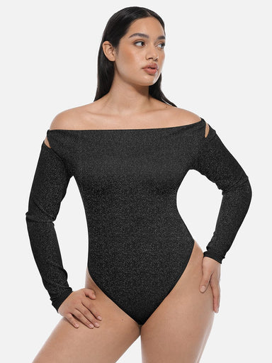 Shiny Draped Neck All-In-One Bodysuit