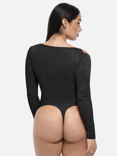 Shiny Draped Neck All-In-One Bodysuit