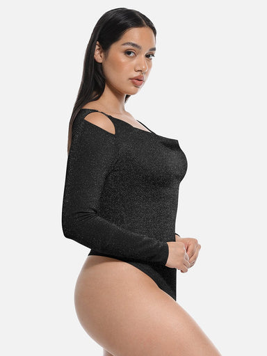 Shiny Draped Neck All-In-One Bodysuit