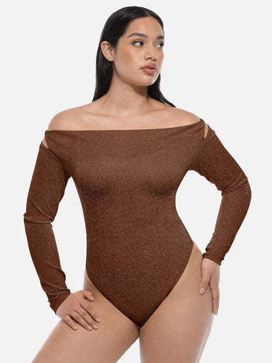 Shiny Draped Neck All-In-One Bodysuit