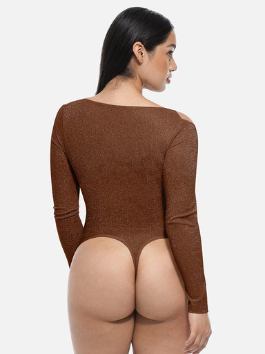 Shiny Draped Neck All-In-One Bodysuit