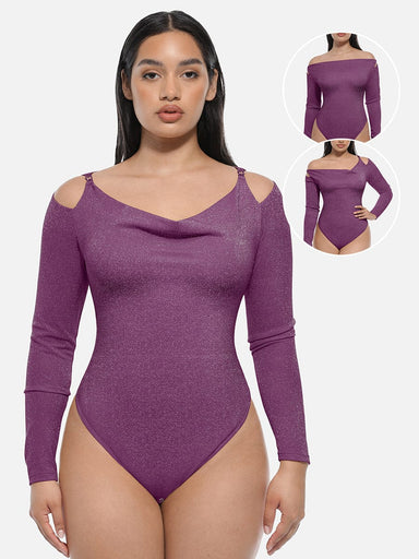 Shiny Draped Neck All-In-One Bodysuit