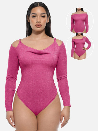 Shiny Draped Neck All-In-One Bodysuit