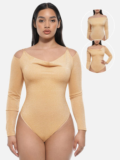 Shiny Draped Neck All-In-One Bodysuit