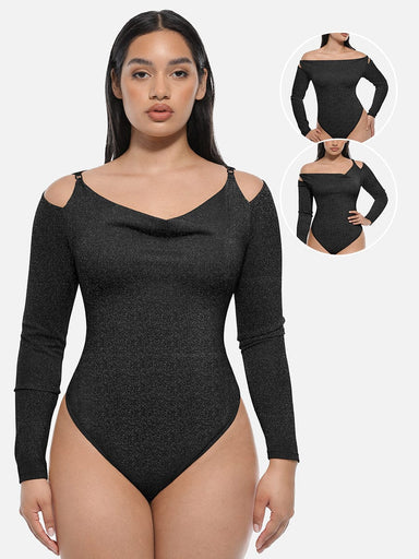 Shiny Draped Neck All-In-One Bodysuit