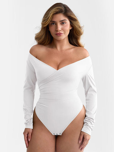 Overlapping V-Neck Wrap Bodysuit