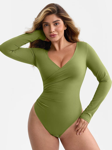 Overlapping V-Neck Wrap Bodysuit