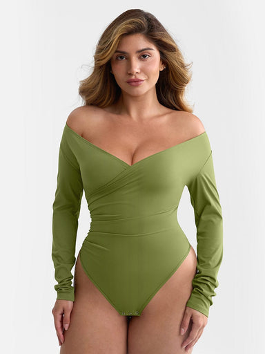 Overlapping V-Neck Wrap Bodysuit