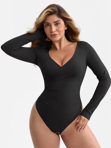 Overlapping V-Neck Wrap Bodysuit