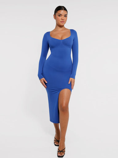 Long-Sleeve Slit Shaping Dress